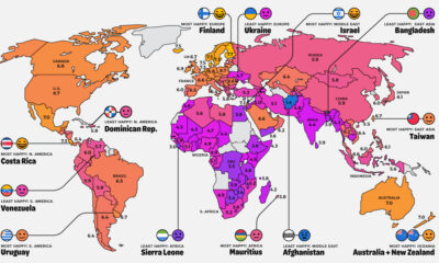 A world map showing happiness scores of various countries from the 2025 World Happiness Report