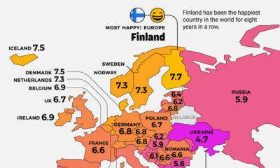 A map of Europe showing each country's happiness score