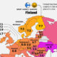 A map of Europe showing each country's happiness score