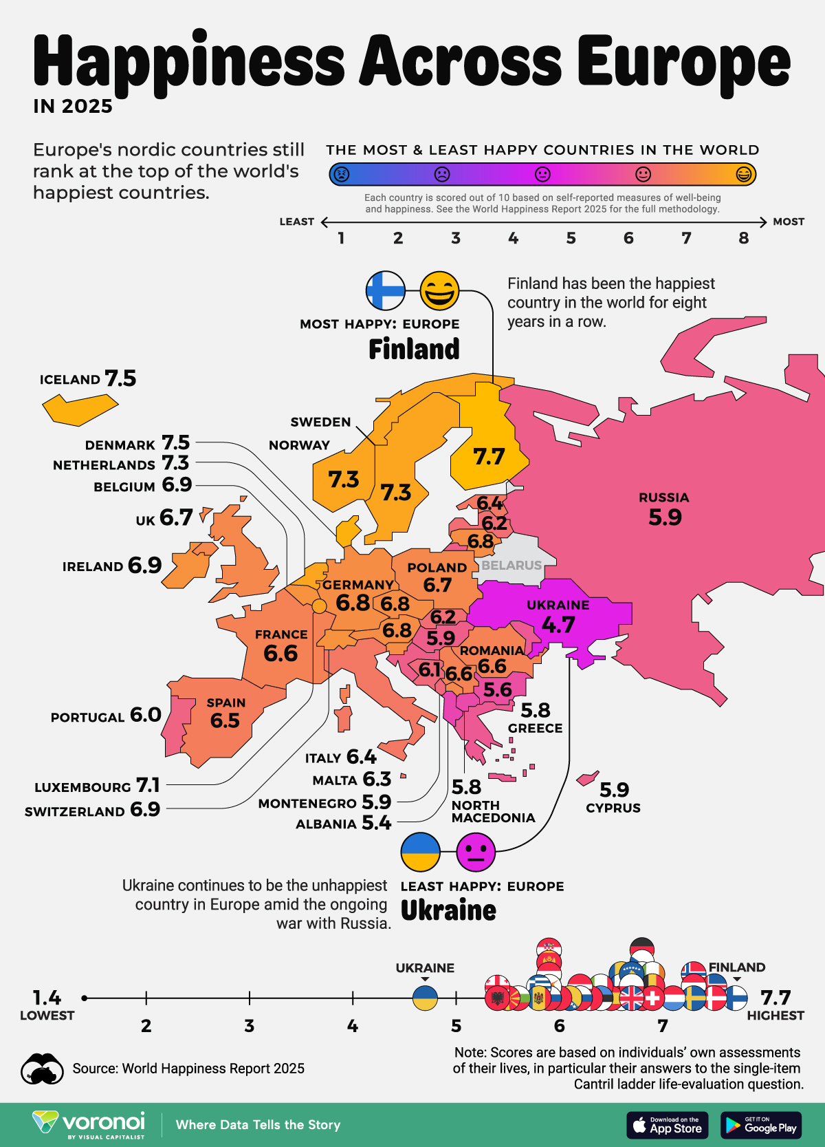 A map showing Europe's happiness scores in 2025