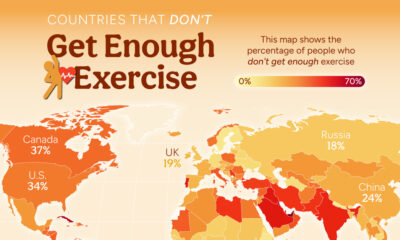 This cropped map tracks the share of population in every country that doesn't get enough exercise from data published by a study in Lancet Global Health.