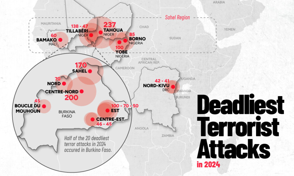 A map showing the locations and number of deaths of the 20 most deadly terrorist attacks in 2024.