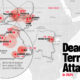 A map showing the locations and number of deaths of the 20 most deadly terrorist attacks in 2024.