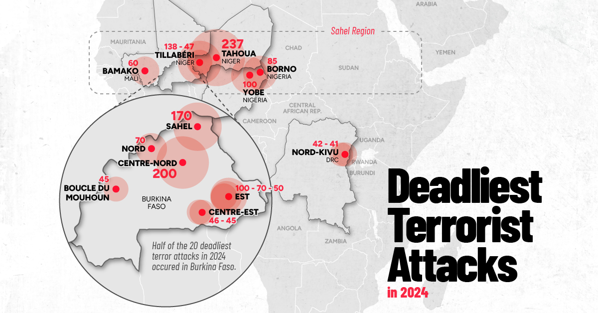 A map showing the locations and number of deaths of the 20 most deadly terrorist attacks in 2024.