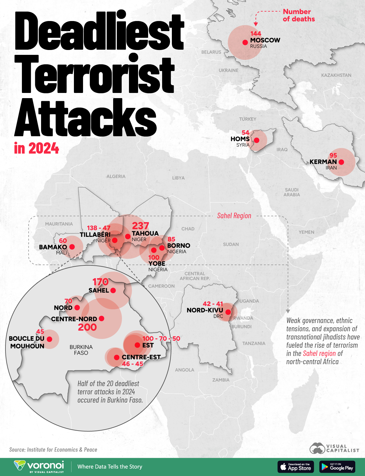 A map showing the locations and number of deaths of the 20 most deadly terrorist attacks in 2024.