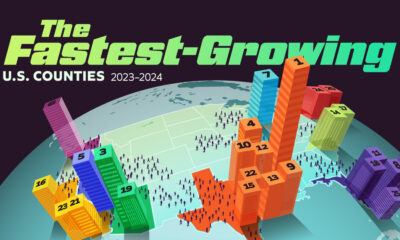 A U.S. map with rising towers showing the 25 fastest-growing U.S. counties.