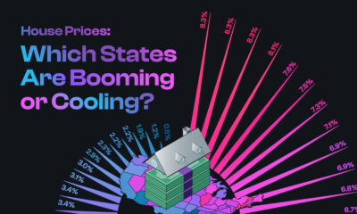 Part of a radial bar chart showing housing market price changes by state with the text "House Prices: Which States Are Booming or Cooling?"