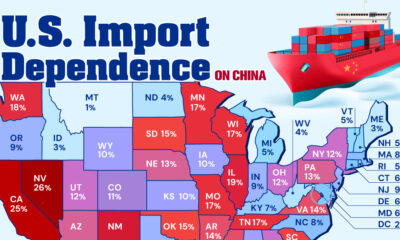 Map showing the share of imports from China in 2024 by U.S. state.