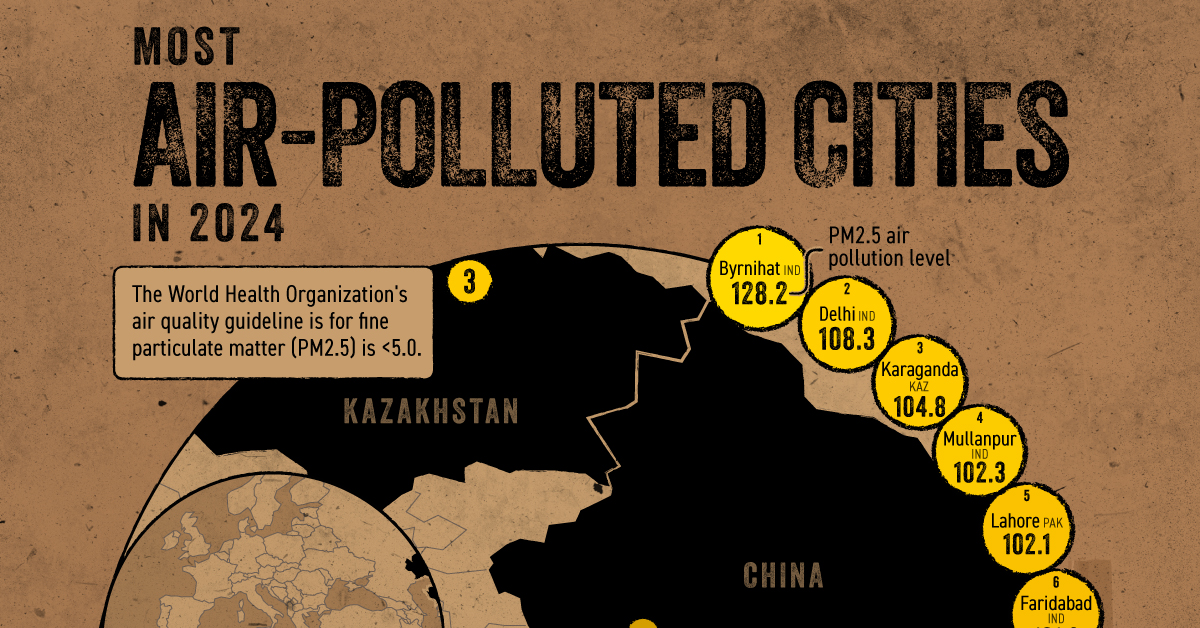 A map showing 20 of the most polluted cities in the world.