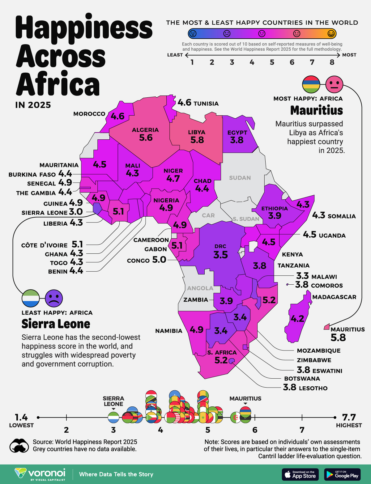 A map showing happiness levels across Africa