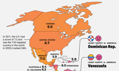 A map showing happiness levels across the Americas
