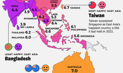 A map of countries in East Asia/Oceania and their happiness levels