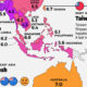 A map of countries in East Asia/Oceania and their happiness levels