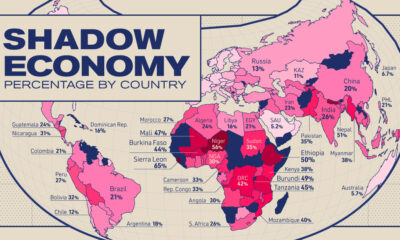 Map showing the size of each country's shadow economy as a share of GDP in 2023.