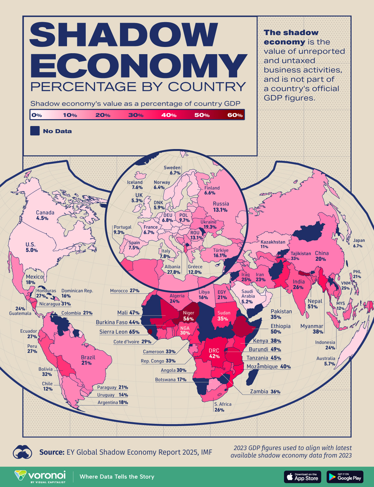 Map showing the size of each country's shadow economy as a share of GDP in 2023.