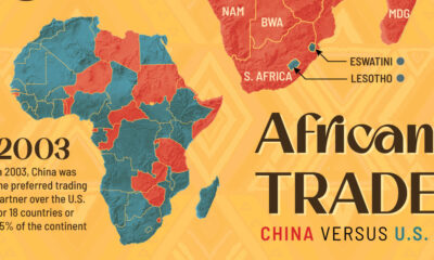 Two maps comparing African trade with the U.S. vs China in 2003 vs 2023