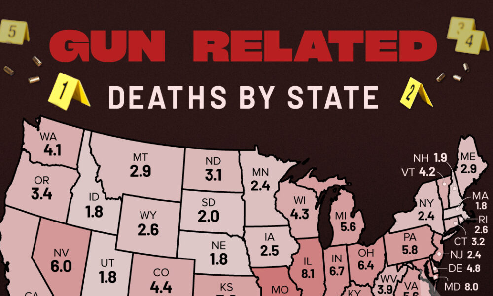 This map shows gun-related deaths by state in America as of 2023.