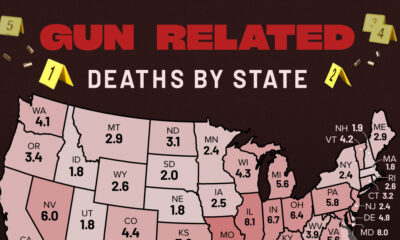 This map shows gun-related deaths by state in America as of 2023.