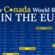 This cropped graphic tracks how Canada would rank in the EU on five metrics: GDP, GDP per capita, military spending, university education, and home ownership rates.