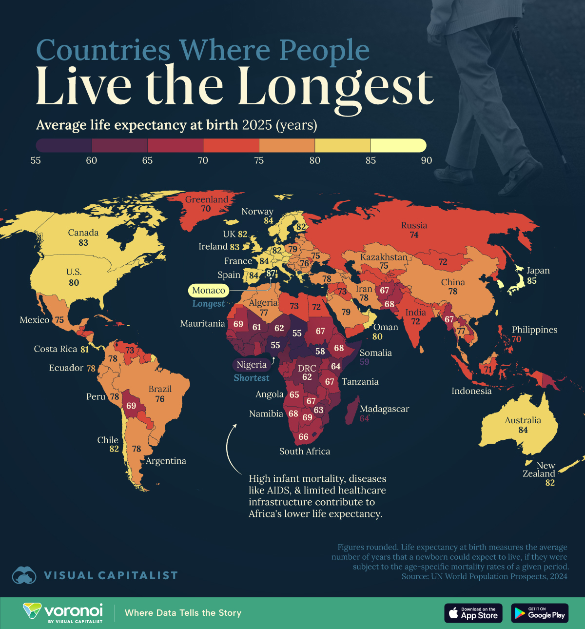 This map visualizes the average life expectancy at birth for every country according to 2025 projections from the UN.