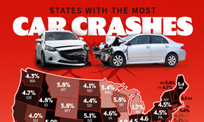 This cropped map tracks the rate of car crashes in each U.S. state.