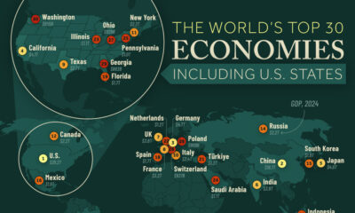 This cropped map ranks the world's largest economies including both sovereign countries and U.S. states.
