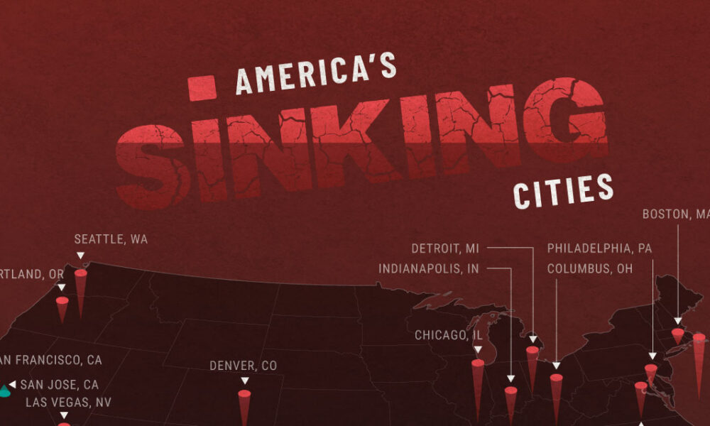 A map showing 28 of the largest American cities by land subsistence rate
