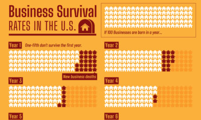 This cropped chart tracks how many businesses survive a decade, by tracking the failure rate per year.