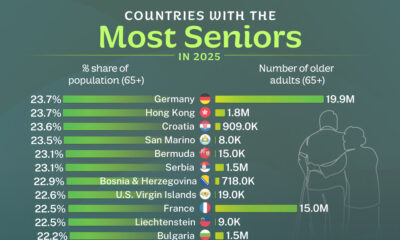 This cropped graphic ranks the 36 countries with the highest share of seniors in their population, along with the total numbers, as sourced from the UN World Population Prospects.