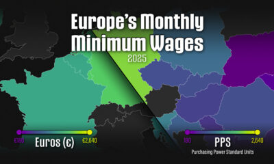 This cropped map compares the national monthly minimum wages by European Country, in both euros and a purchasing power parity metric.