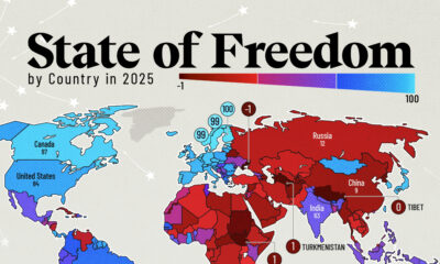 Map showing the state of freedom around the world in 2025.