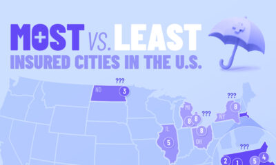 A map showing the most and least insured cities in the U.S.