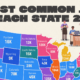 This cropped map lists the most common job in each state along with the number of employees working in it in 2024.