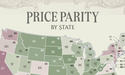 Map showing the most and least expensive states in America based on price parity.