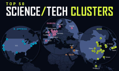 This map ranks the world’s top 50 science and technology clusters for international patent applications and scientific publications.