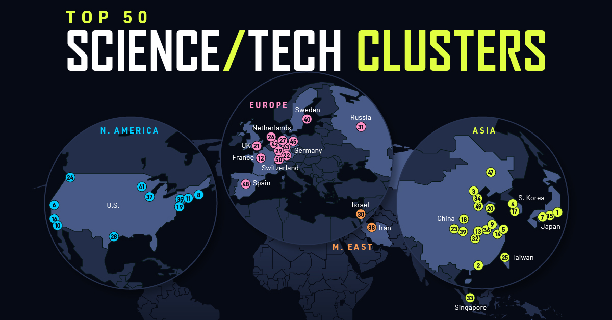 This map ranks the world’s top 50 science and technology clusters for international patent applications and scientific publications.