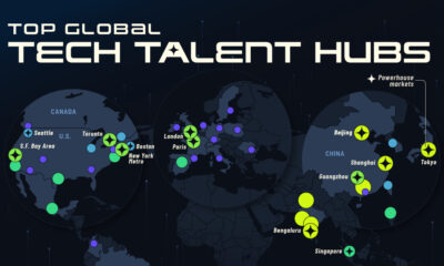 A map showing the top tech talent hubs in the world in 2023