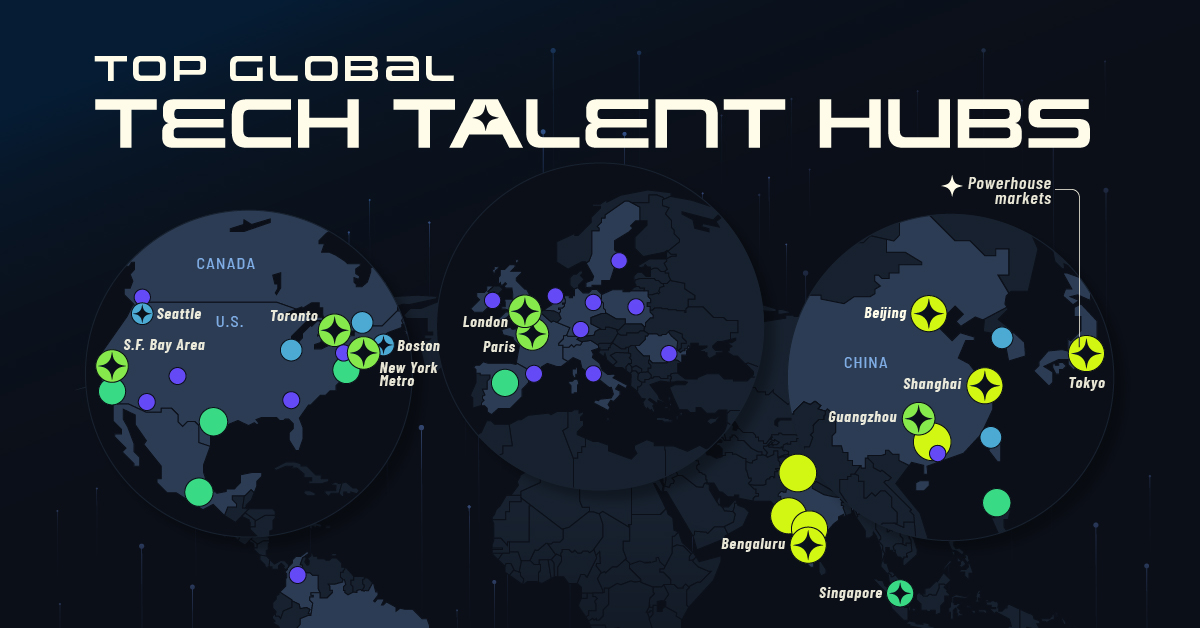 A map showing the top tech talent hubs in the world in 2023