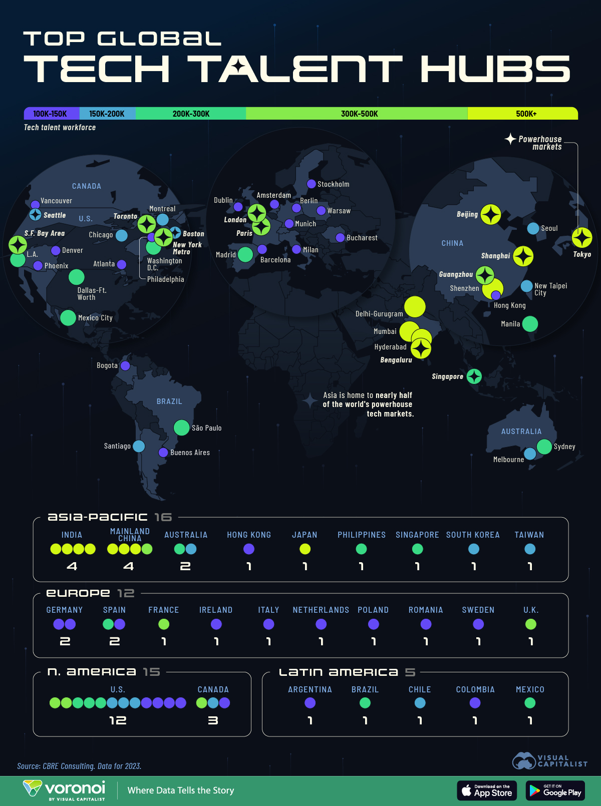 A map showing the top tech talent hubs in the world in 2023