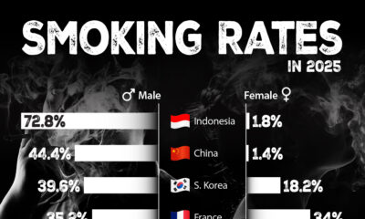 Bar chart showing smoking rates by country & gender in 2025.