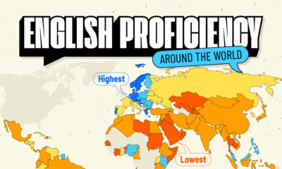 A map showing English proficiency scores by country