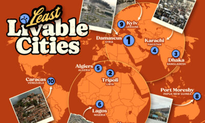 A map showing the 10 least livable cities in 2025 according to The Economist.