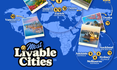 A map showing the 10 most livable cities in the world as of 2025.