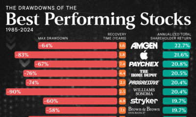 This chart shows the top 20 U.S. stocks by annualized returns between 1985 and 2024, along with their maximum drawdown and recovery time.