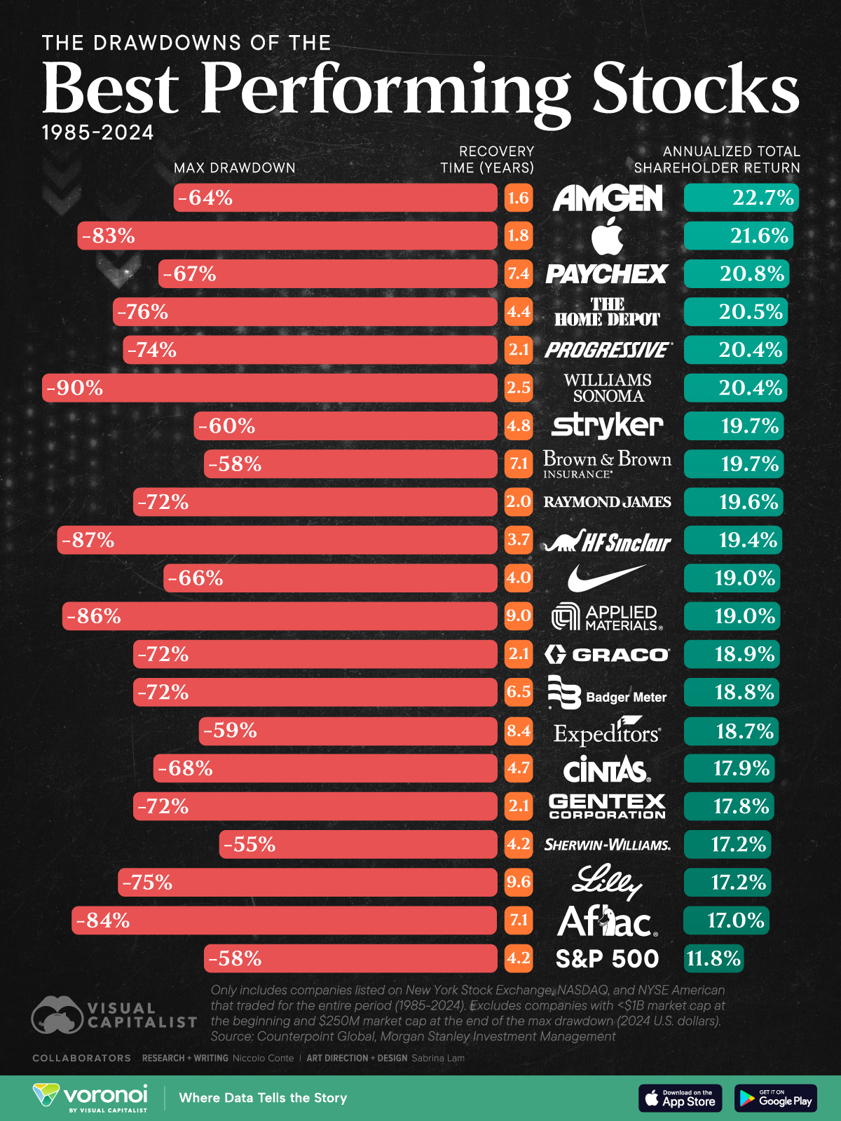 This chart shows the top 20 U.S. stocks by annualized returns between 1985 and 2024, along with their maximum drawdown and recovery time.