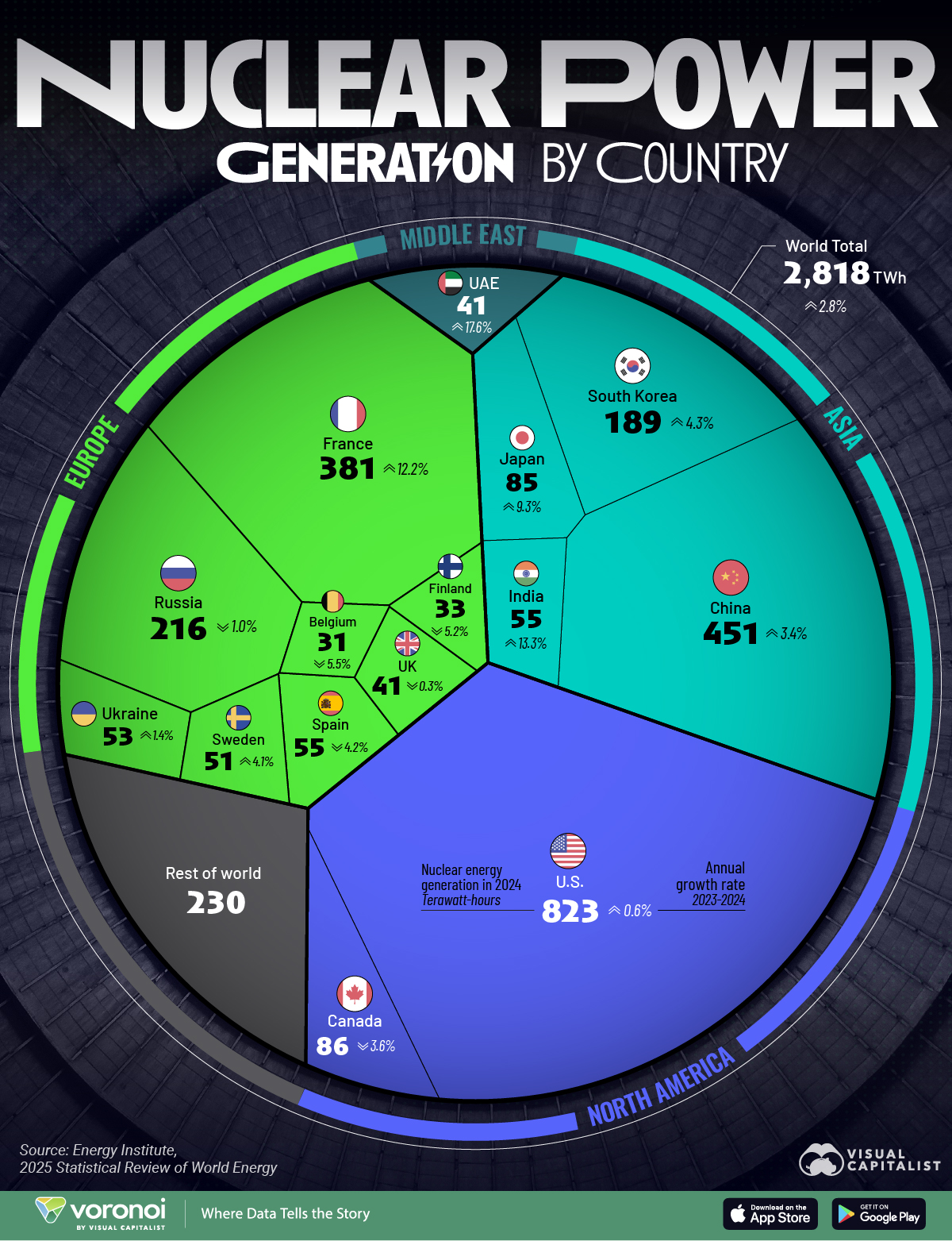 This infographic breaks down global nuclear power generation by country, highlighting the world's largest producers of nuclear energy.