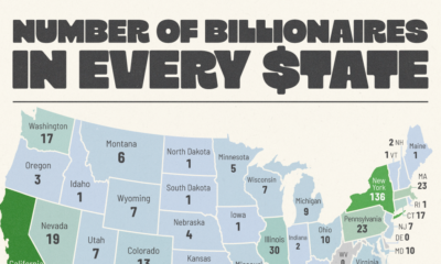 This cropped map lists the number of U.S. billionaires in each state, as of July 24th, 2025.