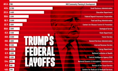 Horizontal chart showing federal layoffs by agency in 2025.