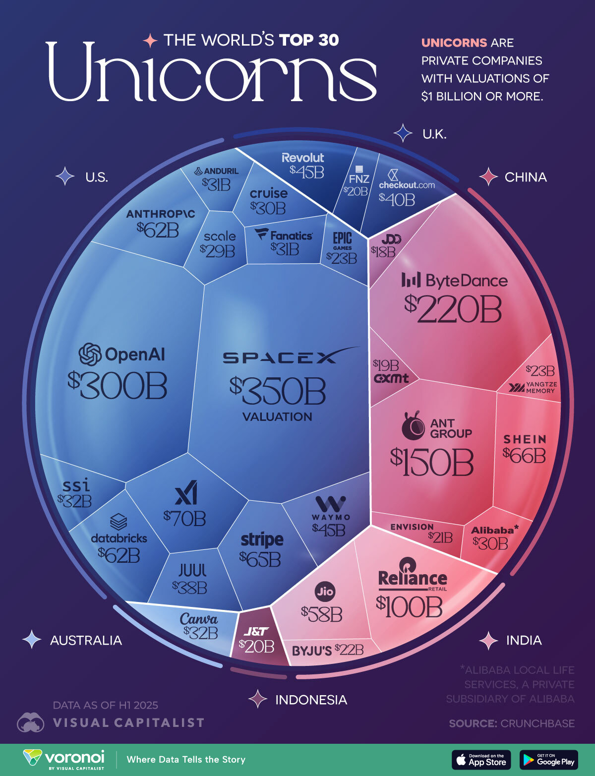 Chart showing the world's most valuable unicorn companies by country in 2025.