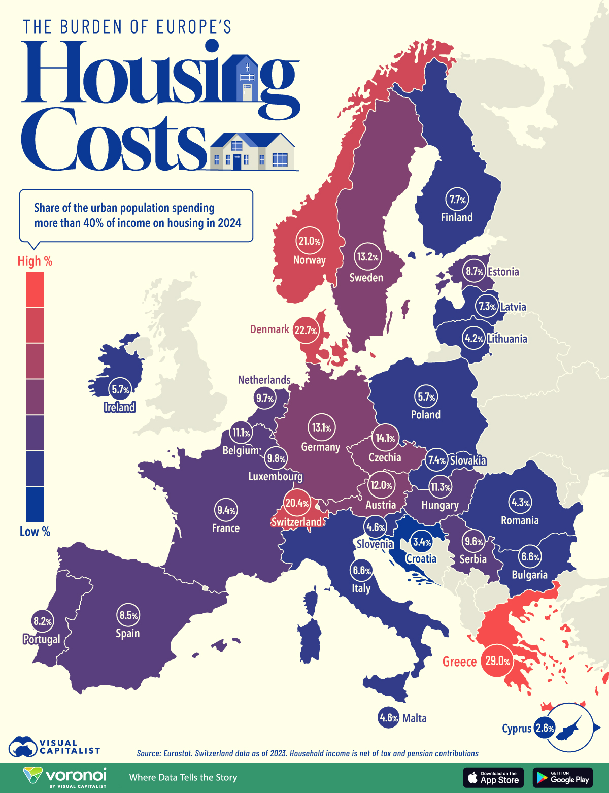 Map showing the housing cost burden in European countries in 2024.